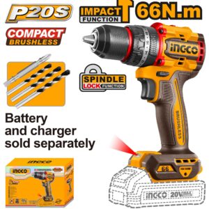 Ingco CIDLI206681 13mm 20V Metal Chuck Cordless Impact Drill With Bits, Max. Torque 66 Nm