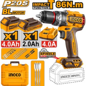 Ingco CIDLI20868 13mm 20V Cordless Metal Chuck Impact Drill With Battery, Charger, Drill Bits & Screwdriver Bits