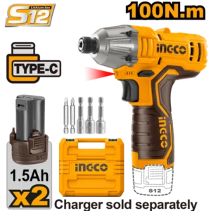 Ingco CIRLI12015 12V Cordless Impact Driver with 100Nm Torque, Dual 1.5Ah Batteries, and Carrying Case
