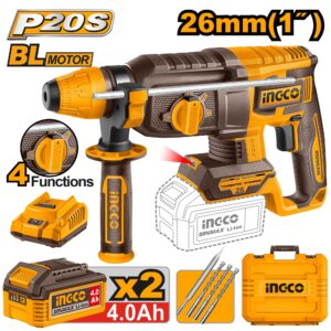Ingco CRHLI202682 26mm 20V Cordless Brushless Rotary Hammer With Battery, Charger & Accessories, 0-1100 RPM