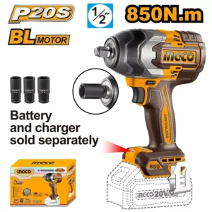 Ingco 1/2″ CIWLI20851 20V Lithium-Ion Cordless Impact Wrench With Sockets Set, Max. Torque 850 N.m