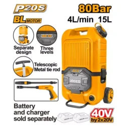 Ingco 40 V 80 Bar Cordless Brushless Motor Pressure Washer with 15 L Tank, CPWLI4006
