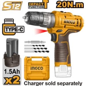 Ingco Cidli12202 12v Cordless Impact Drill With 20nm Torque, Usb Type-c Charging, And 2 Batteries