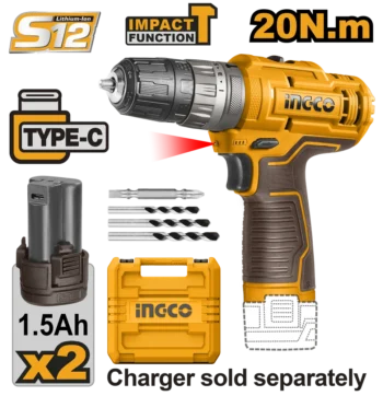 Ingco Cidli12202 12v Cordless Impact Drill With 20nm Torque, Usb Type-c Charging, And 2 Batteries