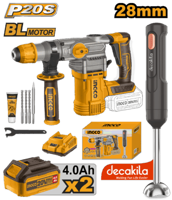 Ingco COSLI231001 20V Cordless Combo Kit - Rotary Hammer & Hand Blender, 4.5J Impact Energy, Dual 4.0Ah Batteries