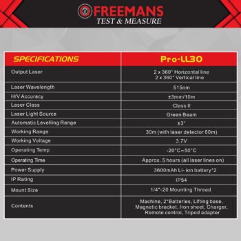 FREEMANS Test & Measure 4*360° Green Beam Self Levelling 30m Cross Line Laser Level with 2 Rechargeable Batteries, Lifting Base, Iron Sheet, Charger & Remote Control, Comes with IP54 Protection - 30m - Image 3
