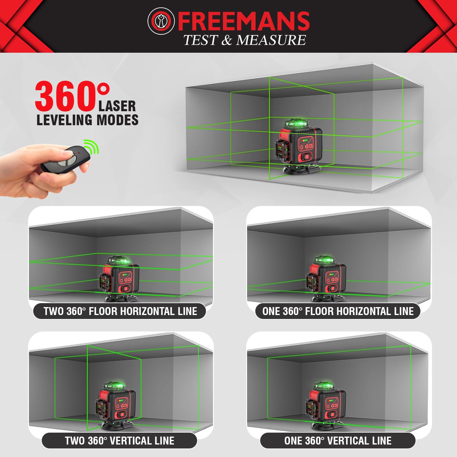 FREEMANS Test & Measure 4*360° Green Beam Self Levelling 30m Cross Line Laser Level with 2 Rechargeable Batteries, Lifting Base, Iron Sheet, Charger & Remote Control, Comes with IP54 Protection - 30m - Image 5