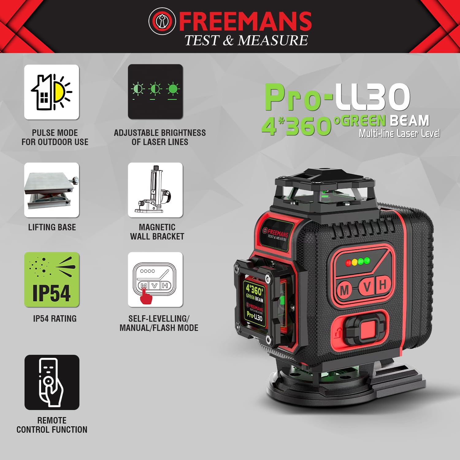 FREEMANS Test & Measure 4*360° Green Beam Self Levelling 30m Cross Line Laser Level with 2 Rechargeable Batteries, Lifting Base, Iron Sheet, Charger & Remote Control, Comes with IP54 Protection - 30m - Image 4
