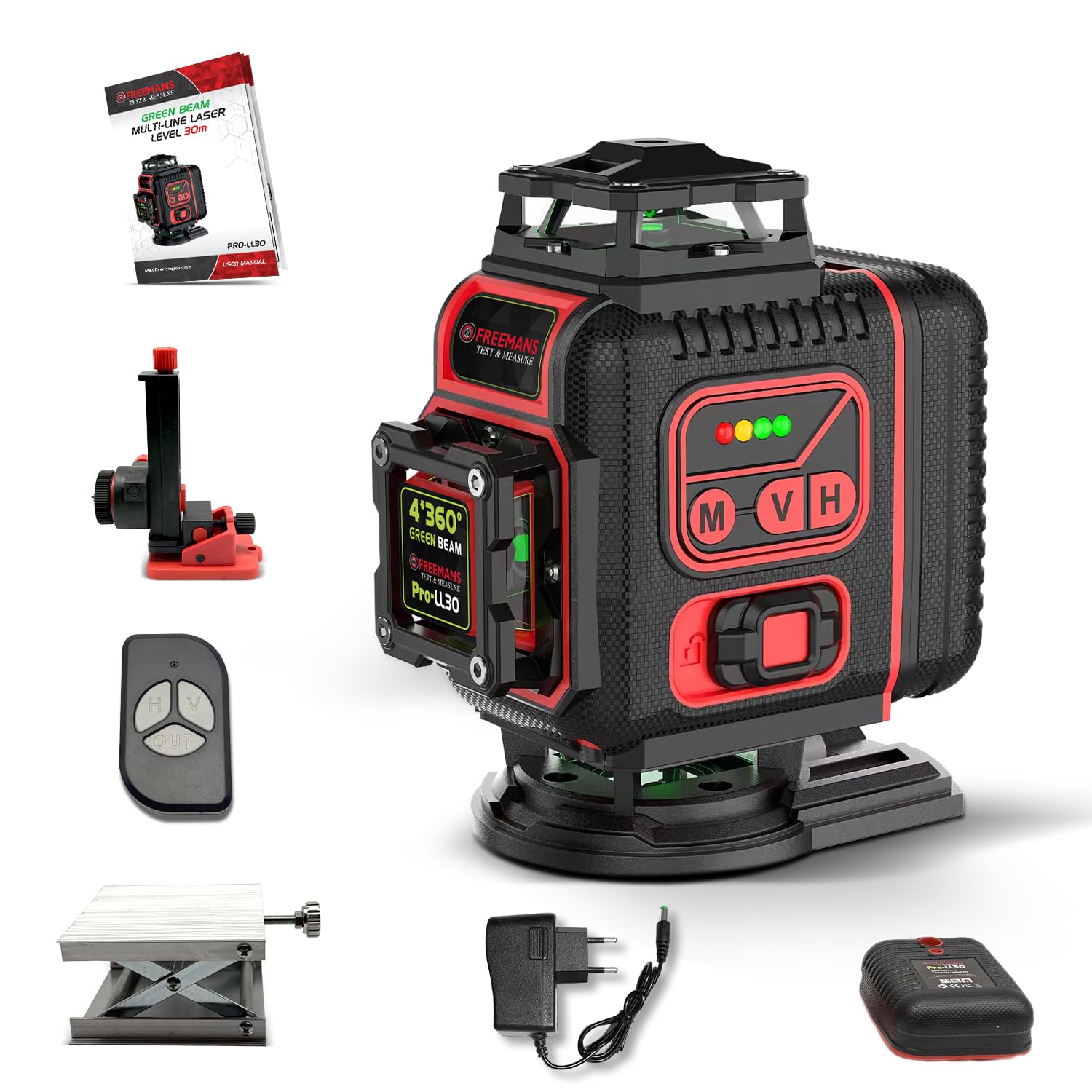 FREEMANS Test & Measure 4*360° Green Beam Self Levelling 30m Cross Line Laser Level with 2 Rechargeable Batteries, Lifting Base, Iron Sheet, Charger & Remote Control, Comes with IP54 Protection - 30m - Image 2