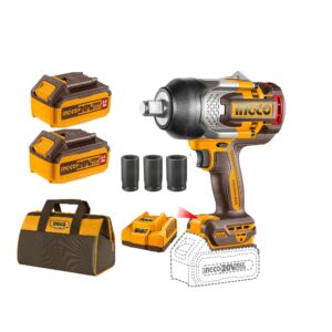 Ingco 3/4″ 20V Cordless Impact Wrench With Max. Torque 1350 Nm, Battery-Charger & Socket Set, 1800 RPM( without case)