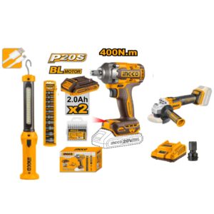 Ingco 400NM 1/2″ Cordless Impact Wrench Combo Kit with Cordless Angle Grinder, Brushless Motor, 20V Lithium-ion Angle Grinder Garage Combo