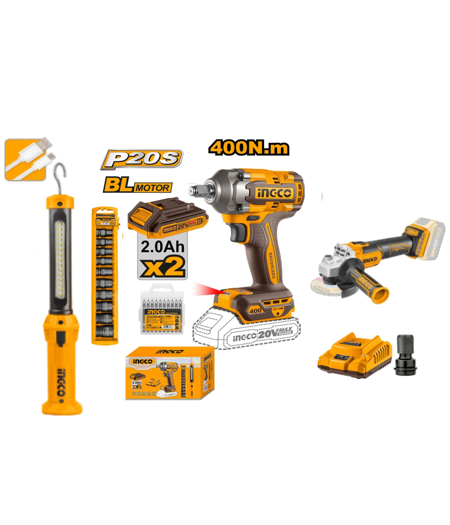 Ingco 400NM 1/2″ Cordless Impact Wrench Combo Kit with Cordless Angle Grinder, Brushless Motor, 20V Lithium-ion Angle Grinder Garage Combo