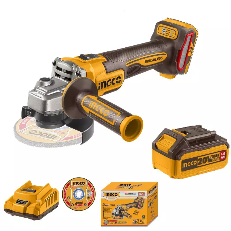 Ingco CAGLI261021 100mm 20V Cordless Angle Grinder With Battery, Charger & Cutting Disc, 3000/6000/9000 RPM