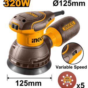 Ingco RS3216 125mm Rotary Sander With 5 Pcs Sand Paper 320W, 13000 RPM