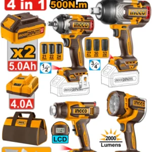 INGCO COSLI241293 ICPT 20V 4pcs Cordless Combo Kit Set | Impact Wrench, Heat Gun, Work Lamp