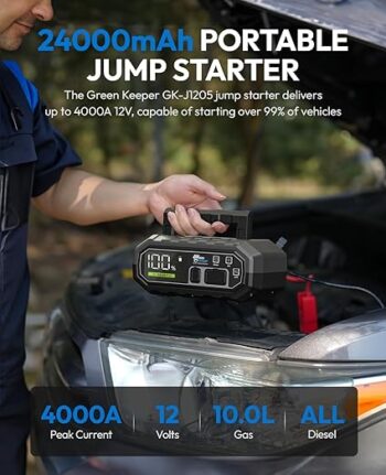 GREEN KEEPER GK-J1205 Car Jump Starter 4000A 12V for Vehicles Fast Charger Power Bank with USB C Ports, LED Light, Smart Protection