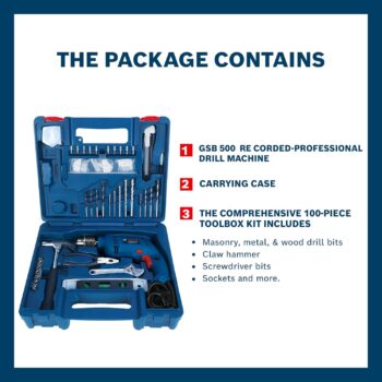 BOSCH Professional GSB 500 RE Corded-Electric Drill Tool Set,500 W Motor 100pc Tools Box Kit