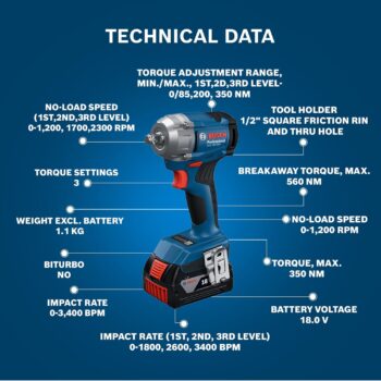 BOSCH GDS 18V-350 Professional Cordless Impact Wrench with Brushless Motor, Compact 131 mm Head, Multiple Torque Settings up to 350 Nm for Efficient Bolting, 1 Year Warranty