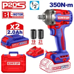 EMTOP ECIWL2035 Emtop 1/2″ 20V Powerful Cordless Impact Wrench With Battery, Charger & Sockets, Max. Torque 350 Nm