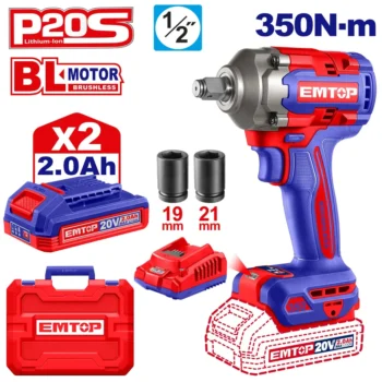EMTOP ECIWL2035 Emtop 1/2" 20V Powerful Cordless Impact Wrench With Battery, Charger & Sockets, Max. Torque 350 Nm