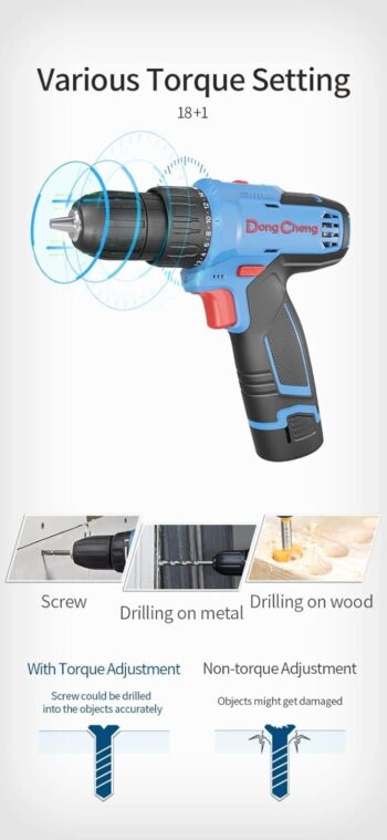 Dong Cheng Cordless Driver Drill Machine DCJZ1202E – 10.8V 2.0Ah x 2 Battery, 35Nm Torque, 10mm Chuck, 2-Speed (0-400/0-1500 RPM)