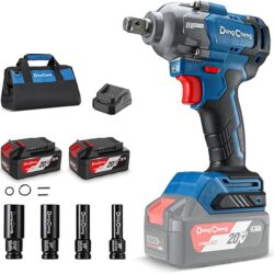 Dong Cheng DCPB488EM 20V Brushless Impact Wrench, Max Torque 360 ft-lbs (488N.m), 1/2″ with 3 Mode Speed, 2400 RPM Cordless Impact Gun, Includes 2 * 4.0Ah Battery and Charger, 4 Impact Sockets and Kit Bag