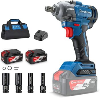 Dong Cheng DCPB488EM 20V Brushless Impact Wrench, Max Torque 360 ft-lbs (488N.m), 1/2" with 3 Mode Speed, 2400 RPM Cordless Impact Gun, Includes 2 * 4.0Ah Battery and Charger, 4 Impact Sockets and Kit Bag