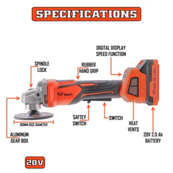 KP Tech Cordless Angle Grinder | 20V | 5000-9000 RPM Speed | 100MM Disc Diameter | Digital Display Speed Function | 2 Pcs 2.0 Ah Battery | 1 Pcs Charger | 1 Pcs Disc Wheel Guard | 1 Pcs Side Handle