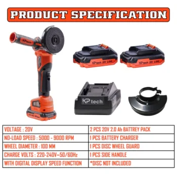 KP Tech Cordless Angle Grinder | 20V | 5000-9000 RPM Speed | 100MM Disc Diameter | Digital Display Speed Function | 2 Pcs 2.0 Ah Battery | 1 Pcs Charger | 1 Pcs Disc Wheel Guard | 1 Pcs Side Handle