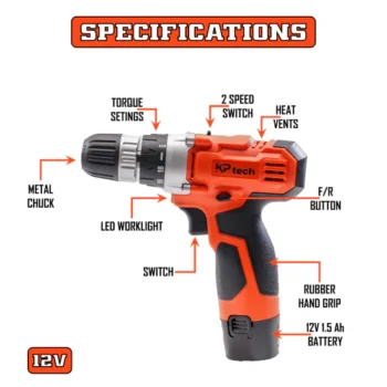 KP Tech Cordless Drill | 12V | 0-1450 RPM Speed | 22NM Max Torque | 1-10MM Chuck Capacity | Integrated Worklight | 1 Pcs 1.5Ah Battery | 1 Pcs Charger | 1 Pcs CR-V 65MM Bit