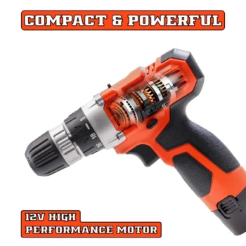 KP Tech Cordless Drill | 12V | 0-1450 RPM Speed | 22NM Max Torque | 1-10MM Chuck Capacity | Integrated Worklight | 1 Pcs 1.5Ah Battery | 1 Pcs Charger | 1 Pcs CR-V 65MM Bit