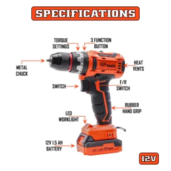 KP Tech Cordless Drill | 12V | 0-1450 RPM Speed | 35NM Torque | 1-10MM Chuck Capacity | With Spindle Lock | 20+1+1 Torque Settings | 2 Pcs 1.5Ah Battery | 1 Pcs Charger | 1 Pcs CR-V 65MM Bit