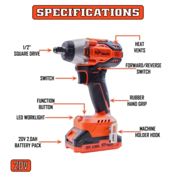 KP tech 20V 2 in 1 Cordless Impact Wrench+Screw Driver, Brushless 320NM Impact Wrench With 3 Speed and Auto Stop Function | 2 Li-Ion Batteries | 1 Charger | 3 Long Socket | 1 Screw bit with BMC box