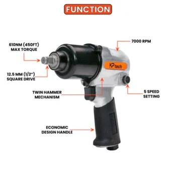 KP Tech Air Impact wrench 610Nm(650ft) | 7000rpm | With 3pcs socket (17mm,19mm,21mm) In stock SKU: BK-PW12