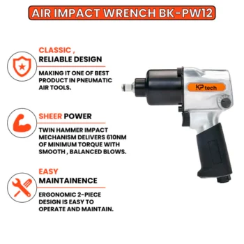 KP Tech Air Impact wrench 610Nm(650ft) | 7000rpm | With 3pcs socket (17mm,19mm,21mm) In stock SKU: BK-PW12