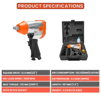 KP Tech Air impact wrench kit 312Nm(230ft)| 7000rpm | With 10pcs socket