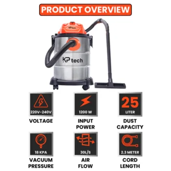 KP Tech Vacuum Cleaner Wet & Dry 1200W | 25L capacity