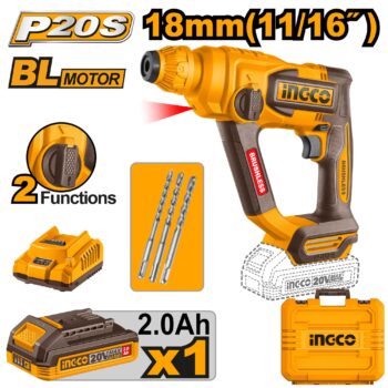 Ingco (CRHLI201881) 20V 18mm SDS Plus Brushless Cordless Rotary Hammer With Drill Bits, Battery & Charger For Concrete