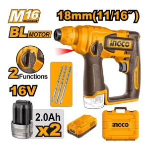 Ingco CRHLI16168 18mm SDS Plus Chuck Cordless Rotary Hammer With Battery, Charger & Drill Bits