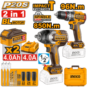 Ingco COSLI250586 20V Combo Kit Drill/Driver With 96NM Hammer Driver+850NM Impact Wrench With 2 Batteries 4.0Ah+Charger+Accessories