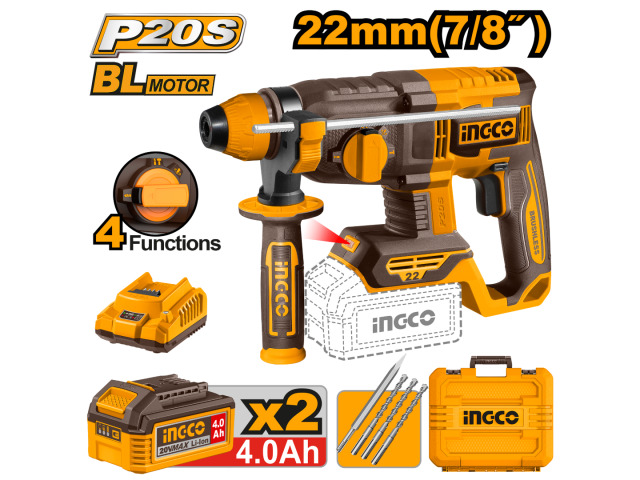 Ingco (CRHLI212282) 22 mm 20V Lithium-Ion Cordless Rotary Hammer Drill With  Battery, Charger Accessories, 1350 RPM