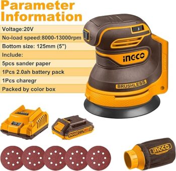 INGCO CROSLI20021 20V Cordless Random Orbit Sander 125mm, Brushless Motor, 6 Variable Speeds, Electric Sander Ideal for Sanding, Polishing Wood, Home Improvements
