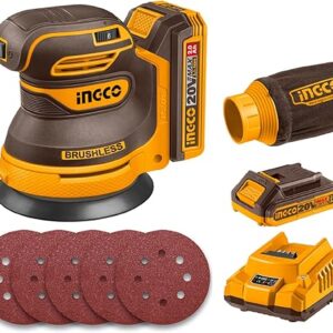 INGCO CROSLI20021 20V Cordless Random Orbit Sander 125mm, Brushless Motor, 6 Variable Speeds, Electric Sander Ideal for Sanding, Polishing Wood, Home Improvements