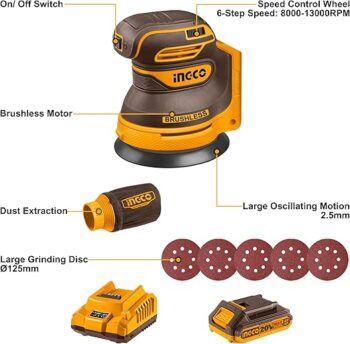 INGCO CROSLI20021 20V Cordless Random Orbit Sander 125mm, Brushless Motor, 6 Variable Speeds, Electric Sander Ideal for Sanding, Polishing Wood, Home Improvements