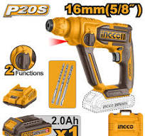 Ingco (CRHLI201681) 16mm 20V Li-Ion Cordless Rotary Hammer Drill With Battery, Charger & Drill Bits, 850 RPM