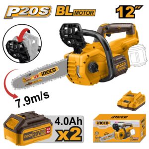 Ingco CGSLI201286 20V 12 Inch Lithium-Ion Battery Operated Cordless Chain Saw with 2X Battery & Charger