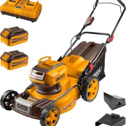 INGCO LMLI20186 18″ Cordless Lawnmower 46cm Cutting Width 60L Grass Collector 8 Depth Settings Foldable Handles with 2pcs 5.0Ah Battery and Charger