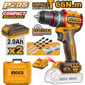Ingco CIDLI20668 20V 13 mm Metal Chuck Cordless Impact Drill With Battery, Charger & Accessories, 2000 RPM