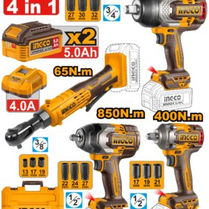 Ingco All in One 20V Brushless 4 Pcs Impact Wrench(3 Impact wrench+1 Ratchet wrench) Combo Kit With Battery, Charger & Socket Set (COSLI250783)
