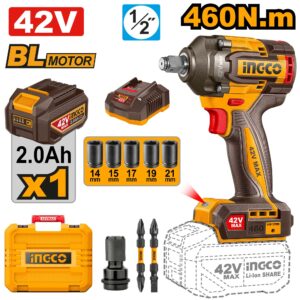 Ingco (CIWLI42461) 460 Nm,12.7mm (1/2") 42V Cordless BL 3-Speed Adjustment Impact Wrench With Accessories